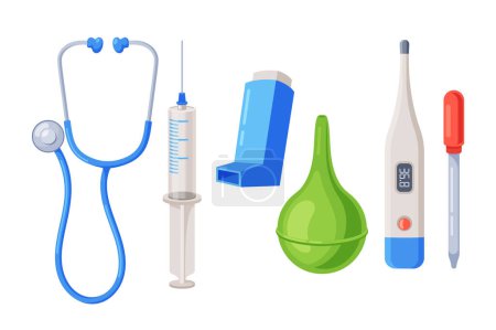 Illustration for Set of Medical Instruments and Items. Stethoscope, Syringe, Inhaler, Enema, Thermometer and Pipette Isolated On White Background. Health Care and Treatment Icons. Cartoon Vector Illustration - Royalty Free Image