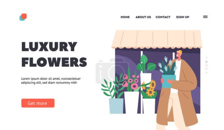 Illustration for Luxury Flowers Landing Page Template. Man Bought Bouquet in Street Store. Young Male Character Standing near Floristic Shop Showcase Window with Fresh Blossoms. Cartoon People Vector Illustration - Royalty Free Image