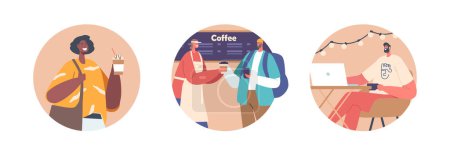 Illustration for Customers In Coffee Shop Isolated Round Icons or Avatars. Men And Women Sit At Table, Work On Laptop, Buying Freshly Brewed Coffee Drink In Cafe. Cartoon People Vector Illustration - Royalty Free Image