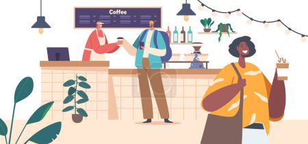Illustration for Coffee Shop With Customers Buying Drinks At Counter Desk With Barista. Coffee Culture Cafes Or Urban Lifestyle Concept with People Purchase Beverages for Take Out. Cartoon Vector Illustration - Royalty Free Image