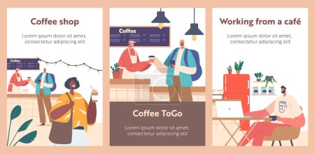 Illustration for Cartoon Banners with People Sitting Inside A Bustling Coffee Shop, Sipping Coffee, Work on Laptops, Socializing And Chatting With Friends in Cozy And Inviting Atmosphere. Vector illustration, Posters - Royalty Free Image