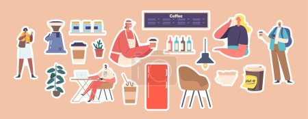 Illustration for Set of Stickers Customers In Coffee Shop Isolated Patches. Men And Women Sit At Table, Work On Laptop, Drink Coffee or Tea In Cafe. Barista with Mug, Menu, Bar. Cartoon People Vector Illustration - Royalty Free Image