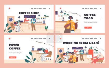 Illustration for People in Cafe Landing Page Template Set. Customers in Coffee Shop Sipping Coffee, Working on Laptops, And Chatting With Friends in Cozy And Inviting Atmosphere. Cartoon people vector illustration - Royalty Free Image