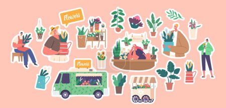 Illustration for Set of Stickers Street Flower Shop with Customers Choosing and Buying Flower Bouquets, Florists Caring of Plants, Making Design Compositions, Floristic Store Booth and Bus. Cartoon Vector Patches - Royalty Free Image