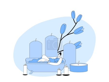 Illustration for Young Woman Relaxing in Bath with Foam and Burning Candles in Spa or Home. Happy Female Character Hygiene Beauty Procedure. Girl Washing Body Sitting in Foamy Bath Tub. Cartoon Vector Illustration - Royalty Free Image