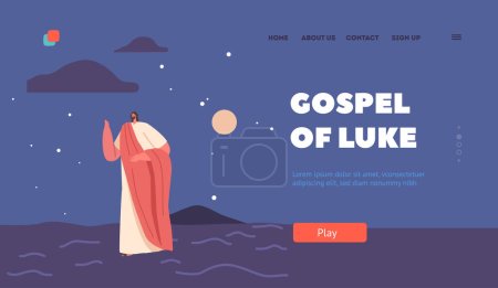 Illustration for Goslep of Luke Landing Page Template. Jesus Walking On Water Bible Scene, Son of God Standing on Sea Waves under Night Stormy Sky. Religious Spiritual Biblical Narratives. Cartoon Vector Illustration - Royalty Free Image