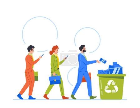 Illustration for Male And Female Business Characters Throw Mobile Phones Into Litter Bin. Concept Of Taking Break From Technology, Simplifying And Taking Control Of Ones Life. Cartoon People Vector Illustration - Royalty Free Image