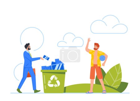 Illustration for Business Man Throw Mobile Phone into Litter Bin Putting Aside Technology To Connect With The World Around and Having Break. Concept Connection With The Real Life. Cartoon People Vector Illustration - Royalty Free Image
