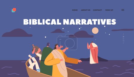 Illustration for Biblical Narratives Landing Page Template. Jesus Walking On Water With Waves and Apostles Sitting in Boat. Miraculous Event From The Gospels, Religious Or Spiritual Theme. Cartoon Vector Illustration - Royalty Free Image