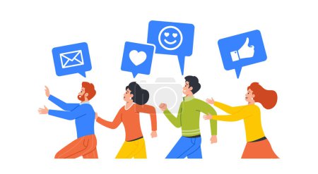 Illustration for Group of People with Social Media Icons Hurry to Join Affliate Referral Program. Characters Refer Friends, Persons Connected with Relationship Network Business Concept. Cartoon Vector Illustration - Royalty Free Image