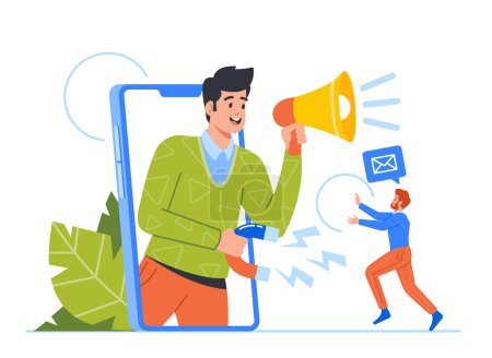 Illustration for Refer a Friend Concept with Male Character with Bullhorn Attracting Customers from Huge Smartphone Screen. Referral Program, Marketing Business Strategy, Promotion. Cartoon People Vector Illustration - Royalty Free Image