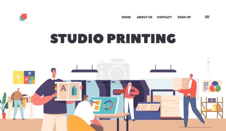 Illustration for Studio Printing Landing Page Template. Advertising Agency, Polygraphy Industry. Characters Customers, Designers, Workers Producing Colorful Press Consumable Ad Materials. Cartoon Vector Illustration - Royalty Free Image