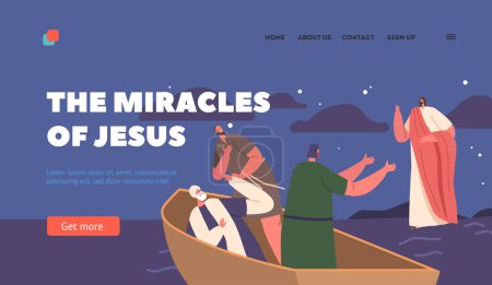 Illustration for The Miracles of Jesus Landing Page Template. Biblical Scene with Jesus Walking On Water, while Apostles Sitting In Boat. Concept of Faith, Religious Spiritual Narratives. Cartoon Vector Illustration - Royalty Free Image