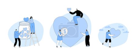Ilustración de Set Voluntariado, Apoyo a la Caridad. Tiny Volunteer Characters Collecting Hearts into Huge Donation Jar. Ayuda Campaña por la Conciencia Social. Comunidad de Personas Generosas Donar. Ilustración de vectores de dibujos animados - Imagen libre de derechos