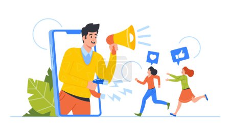 Illustration for Businessman Character with Loudspeaker Referring Friends and Business Partners from Huge Mobile Phone Screen. Referral Program Strategy, Network Marketing Concept. Cartoon People Vector Illustration - Royalty Free Image