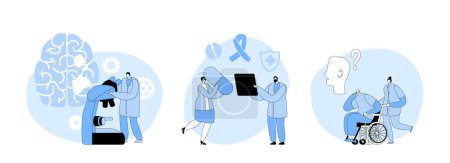 Illustration for Set Alzheimer Disease. Doctor with Microscope Learning Sick Human Brain with Medical Icons and Awareness Ribbon. Senior Man on Wheelchair Dementia and Memory Loss. Cartoon People Vector Illustration - Royalty Free Image