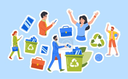 Illustration for Set of Stickers, Digital Detox Patches With People Throw Out Phones Into Litter Bin And Walk On Nature. Disconnecting From Technology, Characters Digital Detoxification. Cartoon Vector Illustration - Royalty Free Image