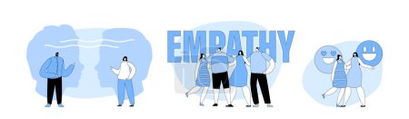 Illustration for Set Empathy, Open Mind, Emotional Intelligence. Communication Skills, Reasoning, Persuasion, People Listen And Support Each Other, Male And Female Characters Chatting. Cartoon Vector Illustration - Royalty Free Image