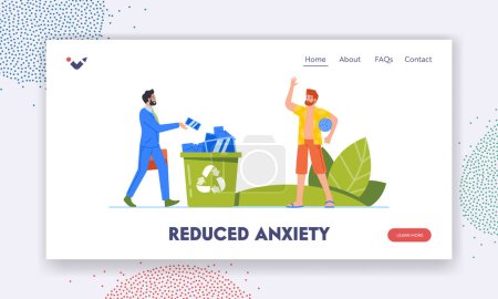 Illustration for Reduce Anxiety Landing Page Template. Business Man Throw Mobile Phone into Litter Bin Putting Aside Technology To Connect With The World Around and Having Break. Cartoon People Vector Illustration - Royalty Free Image