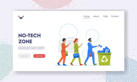 Illustration for No-tech Zone Landing Page Template. Business Characters Throw Mobile Phones Into Litter Bin Taking Break From Technology, Simplifying Ones Life. Cartoon People Vector Illustration - Royalty Free Image