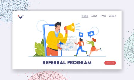 Illustration for Referral Program Landing Page Template. Businessman Character with Loudspeaker Referring Friends and Business Partners from Huge Mobile Phone Screen. Network Marketing. Cartoon Vector Illustration - Royalty Free Image