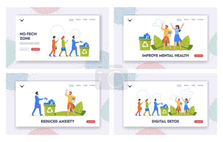 Illustration for Digital Detox Landing Page Template Set. People Throw Out Phones Into Litter Bin And Walk On Nature. Disconnecting From Technology, Taking Time For Oneself, Detoxification. Cartoon Vector Illustration - Royalty Free Image