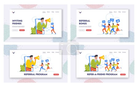 Illustration for Refer a Friend Program Landing Page Template Set. Male Character with Bullhorn Attracting Customers from Smartphone Screen. Referral Marketing Business Strategy. Cartoon People Vector Illustration - Royalty Free Image