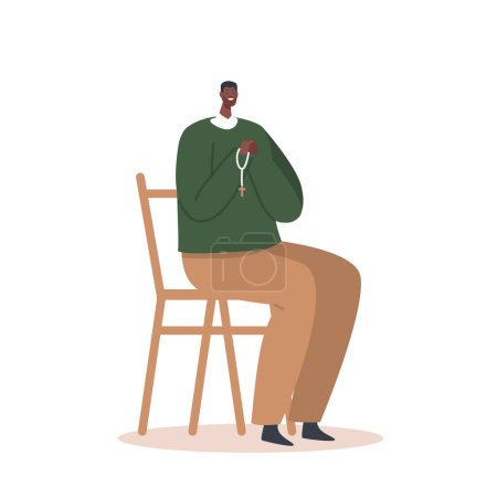 Illustration for African American Male Character Sitting On Chair In A Contemplative State, With Hands Clasped In Prayer in Catholic Church. Spiritual Reflection, Religious Event. Cartoon People Vector Illustration - Royalty Free Image