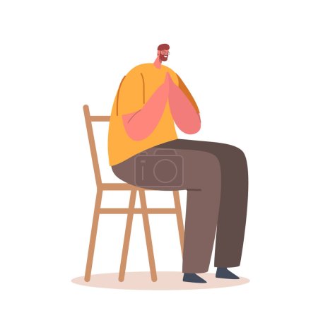 Illustration for Male Character Catholic Prayer With Clasped Hands Sitting on Chair Lost In Deep Thought. Man Praying during Faith Or Spiritual Practice in Catholic Church. Cartoon People Vector Illustration - Royalty Free Image