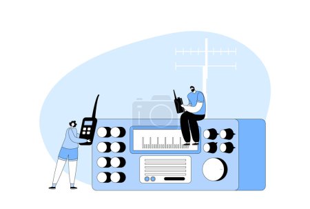 Illustration for People Use Radio Technologies Concept. Radio Amateurs Male and Female Characters Communicate with Portable Walkie Talkie Having Fun Speaking to Each Other Outdoors. Cartoon Vector Illustration - Royalty Free Image