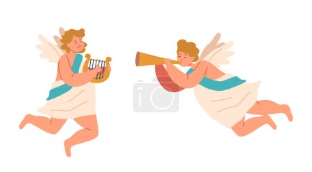 Foto de Querubines tocando el arpa y la trompeta. Figuras religiosas celestiales y angélicas. Tipo de angelical, bebé alado o niño con mejillas regordetas y expresión serena de la cara. Ilustración de vectores de dibujos animados - Imagen libre de derechos