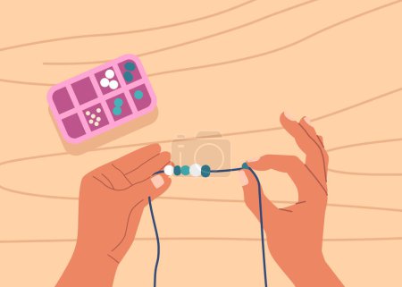 Illustration for Top View Of Hands Stringing Beads On A String, Creating A Colorful And Intricate Pattern. Jewelry-making, Crafting, Or Artistic Classes, Handmade Hobby, Diy Workshop. Cartoon Vector Illustration - Royalty Free Image