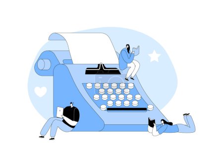 Illustration for Literature Reading And Writing Hobby. Tiny Author Characters at Huge Typewriter Reading Books, Poetry Or Narration. Concept of Storytelling, Creativity, Imagination. Cartoon People Vector Illustration - Royalty Free Image