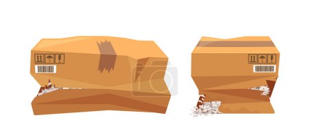 Illustration for Cardboard Boxes With Torn Edges, Creases, Spill Out Filling And Dents On Surface Indicate Previous Use Or Rough Handling During Transport. Packaging, Logistics Fails. Cartoon Vector Illustration - Royalty Free Image