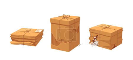Illustration for Cardboard Boxes In Damaged State With Creases And Tears, Showing Signs Of Wear And Tear From Rough Handling Or Transportation Isolated on White Background. Cartoon Vector Illustration - Royalty Free Image