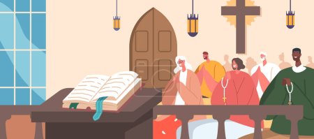 Illustration for Catholic Church Filled With People, Gathered For Worship Or Celebration. Male Female Characters Praying Sitting on Benches. Concept of Religious Or Spiritual Community. Cartoon Vector Illustration - Royalty Free Image