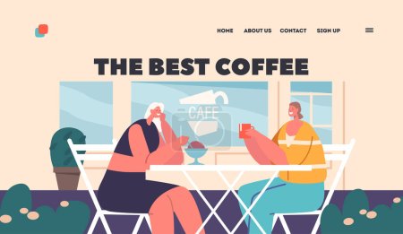Illustration for The Best Coffee Landing Page Template. Women Friends Couple Chat And Laugh While Enjoying Coffee And Snacks At A Vibrant Street Cafe. Female Characters Meeting. Cartoon People Vector Illustration - Royalty Free Image