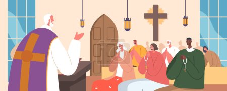 Catholic Church With People Gathered Inside And A Priest Leading The Service. Community, Faith, And Devotion Religious Concept with Character Sitting on Pews. Cartoon People Vector Illustration