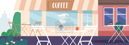 Téléchargez les illustrations : Façade colorée de café de rue avec assise extérieure. Ambiance accueillante et accueillante de café avec chaises et tables, endroit agréable pour profiter d'une tasse de café ou de repas. Illustration vectorielle de bande dessinée - en licence libre de droit