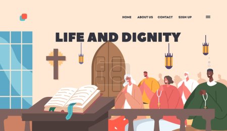 Illustration for Life and Dignity Landing Page Template. Catholic Church Filled With People, Gathered For Worship Or Celebration. Male Female Characters Praying Sitting on Benches. Cartoon Vector Illustration - Royalty Free Image