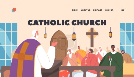 Illustration for Catholic Church Landing Page Template. Priest Leading The Service to Characters Sitting on Pews. Essence Of Faith, Spirituality, And Religious Community Events. Cartoon People Vector Illustration - Royalty Free Image