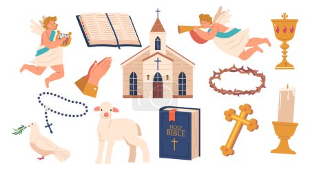 Illustration for Set of Catholic Items Rosaries, Crucifix, Prayer Hands, Building, Angel and Dove. Lamb, Bible, Candle and Cup. Attributes of Catholicism for Religious Ceremony or Practice. Cartoon Vector Illustration - Royalty Free Image