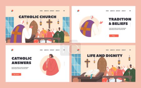 Illustration for Catholic Church Landing Page Template Set. Priest Leading The Service to Characters Sitting on Pews. Essence Of Faith, Spirituality, And Religious Community Events. Cartoon People Vector Illustration - Royalty Free Image