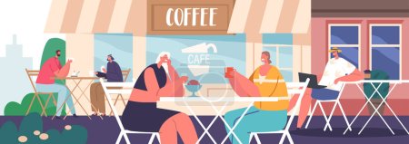 Charaktere, die im gemütlichen Straßencafé sitzen, plaudern und Kaffee genießen. Konzept von Ambiente und sozialer Atmosphäre des urbanen Lebens. Die Menschen genießen Essen, Getränke, Geselligkeit. Zeichentrickvektorillustration