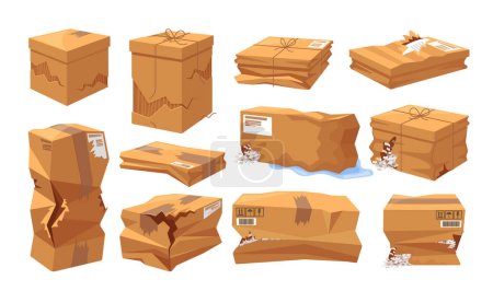 Ilustración de Conjunto de cajas de cartón dañadas aisladas sobre fondo blanco. Cajas rotas con bordes doblados, lados rotos, esquinas abolladas, concepto de daño del producto durante el envío o almacenamiento. Ilustración de vectores de dibujos animados - Imagen libre de derechos