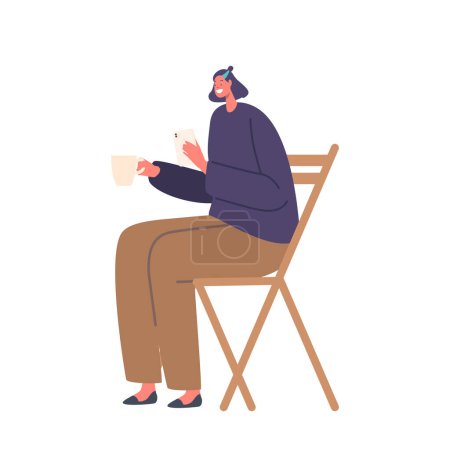 Ilustración de Mujer sentada en el café de la calle, bebiendo una taza de café, con una sonrisa en la cara y un teléfono inteligente en la mano. Personaje femenino Disfrutar de la vida en la ciudad, Cultura cafetería. Dibujos animados Gente Vector Ilustración - Imagen libre de derechos