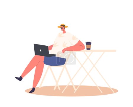 Man Working On Laptop While Enjoying A Cup Of Coffee In Street Cafe. Freelancer Male Character Remote Work, Concept of Coffee Culture, Outdoor Recreation. Cartoon People Vector Illustration