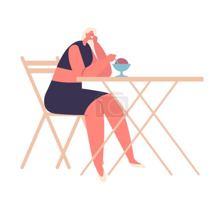 Ilustración de Mujer joven sentada en un café callejero saboreando un delicioso helado. Personaje femenino feliz aislado disfrutando de vibraciones de verano, cultura de café, comida y aperitivos dulces. Dibujos animados Gente Vector Ilustración - Imagen libre de derechos