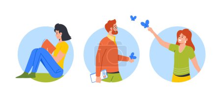 Illustration for Digital Detox, Detoxification, Importance Of Taking Time For Oneself Isolated Round Icons or Avatars. People Stop using Phones And Walk On Nature Disconnecting From Tech. Cartoon Vector Illustration - Royalty Free Image