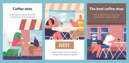 Illustration for Cartoon Banners with Characters Sitting, Chatting And Enjoy Coffee In Street Cafe. Concept of Ambiance And Social Atmosphere Of Urban Life. People Enjoying Food, Beverages, Socializing. Vector Posters - Royalty Free Image
